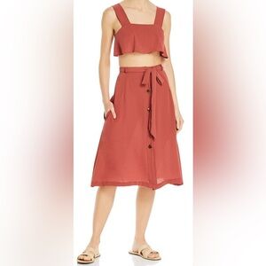 ELLEJAY Nina Cropped Top & Alyssa Midi Button down Skirt w/ Belt Set Rust Small